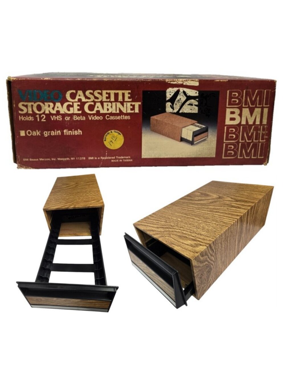BMI Vintage Video Cassette Storage Cabinet Oak Grain Holds 12 VHS Beta NEW